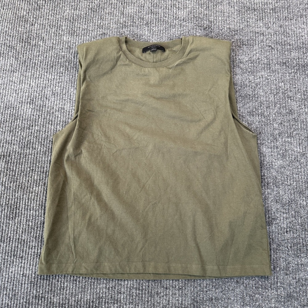 AllSaints Women Padded Shoulder Tank Top Small Olive Green Cotton Muscle Tee